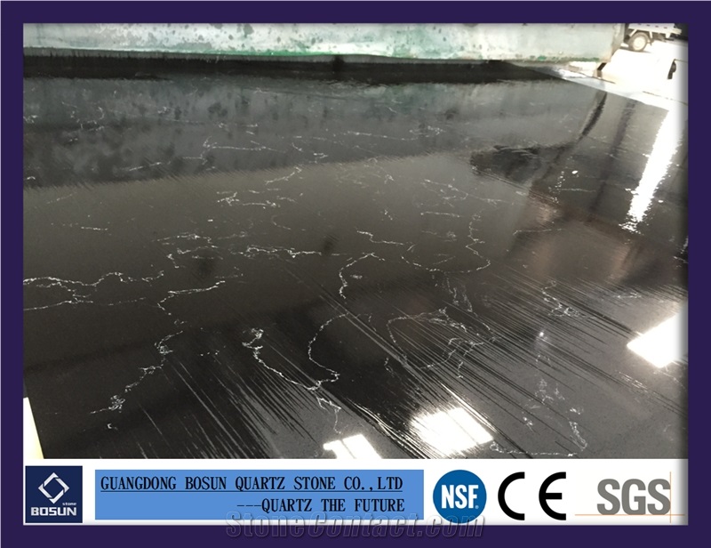 Artificial Quartz Stone Bs3003 Black Ice Solid Surfaces Polished Slabs & Tiles Engineered Stone for Kitchen Bathroom Counter Top