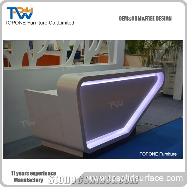 Artificial Marble Stone Led Commercial Hotel Reception Counters Tops, Interior Stone Acrylic Solid Surface Illuminated Led Commercial Reception Desk