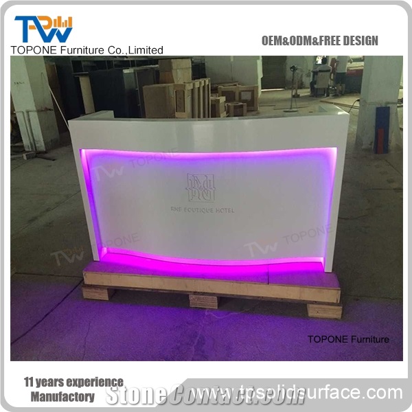 Artificial Marble Stone Led Commercial Hotel Reception Counters Tops, Interior Stone Acrylic Solid Surface Illuminated Led Commercial Reception Desk