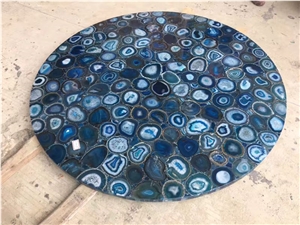 Blue Agate Semiprecious Round Table Top, Blue Semiprecious Stone Countertops