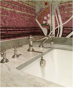 Dolce Vita Quartzite Bath Tub Deck, Surround and Glass Mosaic Wall