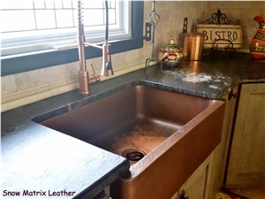 Snow Matrix Granite Leather with a Copper Farm Sink