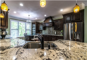 Delicatus White Granite Kitchen Countertops, Linear Glass Mosaic Backsplash Delicatus White Granite Kitchen Countertops, Linear Glass Mosaic Backsplash