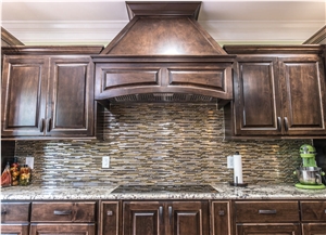 Delicatus White Granite Kitchen Countertops, Linear Glass Mosaic Backsplash