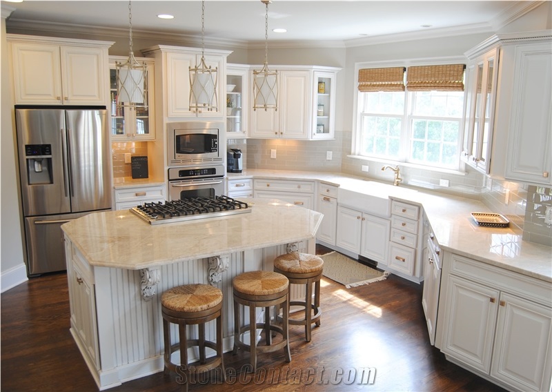 Taj Mahal Quartzite Perimeter Kitchen Top and Island Top with Cabinet