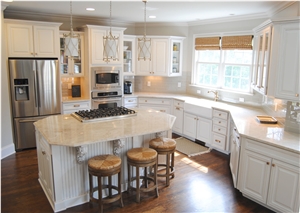 Taj Mahal Quartzite Perimeter Kitchen Top and Island Top with Cabinet