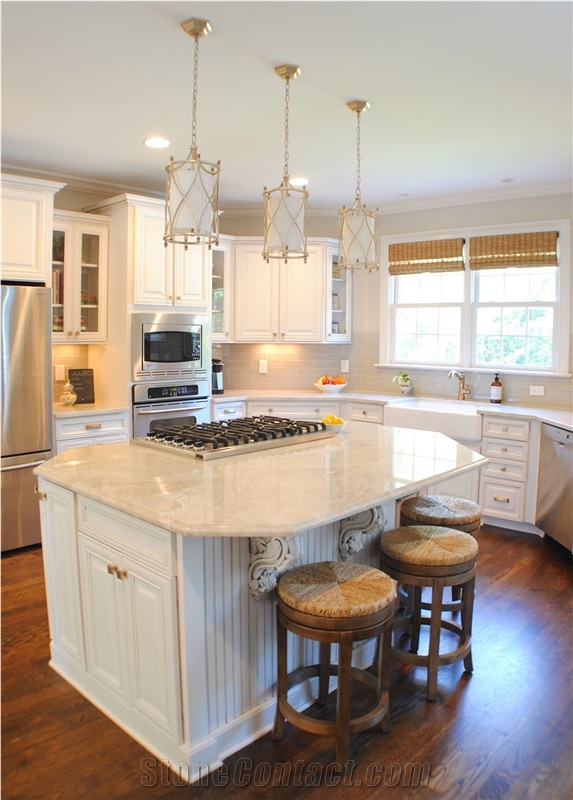 Taj Mahal Quartzite Perimeter Kitchen Top and Island Top with Cabinet