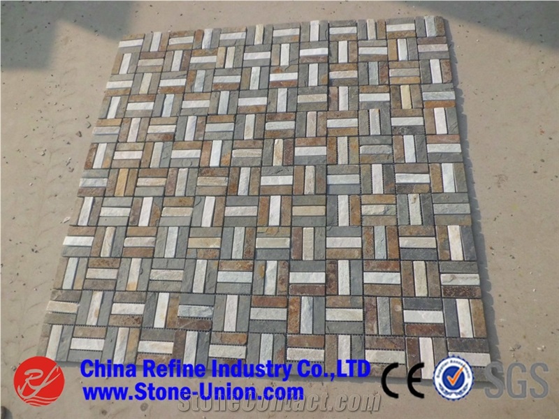Multicolor Decoration Mosaic Tiles, Slate Wall Mosaic Tiles Pattern, Square Natural Slate Stone Paving Stone, Stone Mosaic