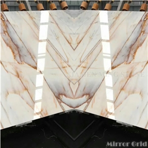 China White Marble High Polished Slabs with Gold Veins Bookmatched,Machine Cutting Tile Panel Hotel Lobby Floor Covering Pattern