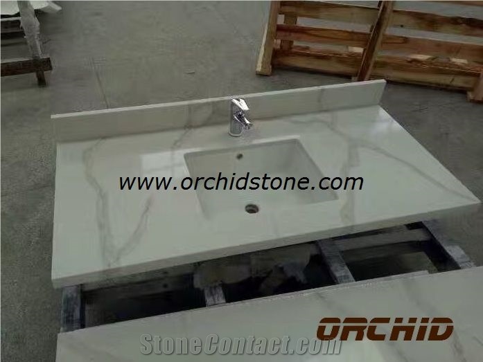 Calacatta White Marble Look Quartz Stone Solid Surfaces Polished Slabs & Tiles Engineered Stone Artificial Stone Slabs for Bookmatch Wall Cladding