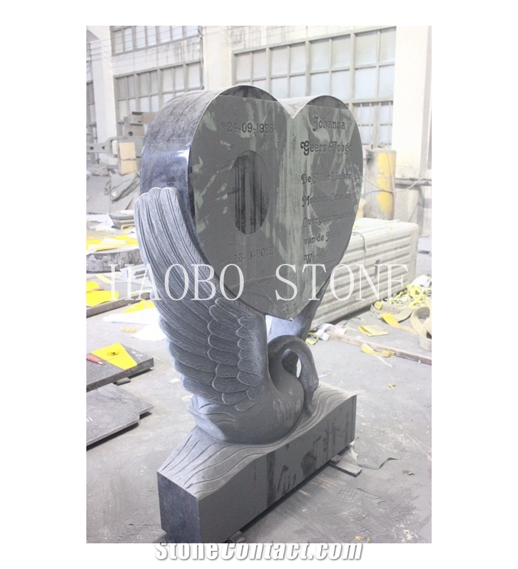 Customized China Good Price Factory Antique Cheap Upright Headstone Carved Swan and Single Heart Grey Granite Memorials with 100% Hand Engraving