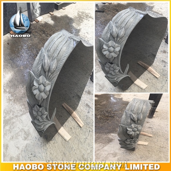 European Style Monument Black Granite Polished Headstones with Carved Lilies Tombstone Own Factory Direct Selling Gravstone