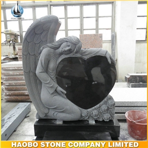 European Style Tombstone Shanxi Black Granite Gravestone Angel Monument with Flowers Carving Tombstone Custom Upright Headstone