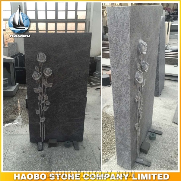 Western Style Monuments Bahama Blue Granite Funeral Monument Upright Headstone with Rose Carved Germany Style Tombstone