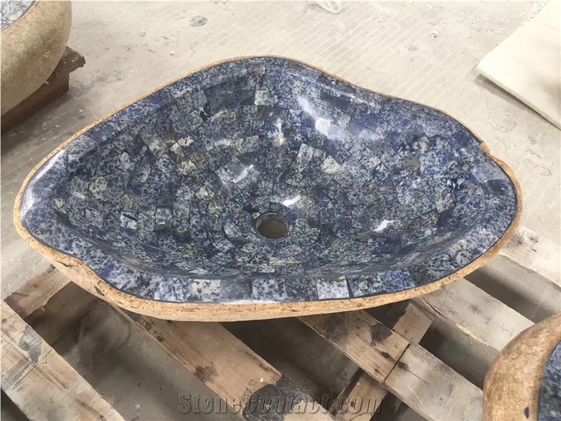 Fantasy Blue Granite Mosaic Sinks,River Stone Basins,Azul Bahia Wash Bains,Natural Stone Bath Sinks