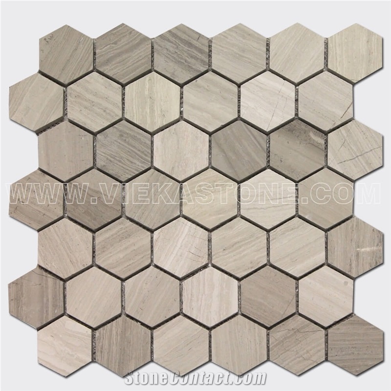 Athens Grey Wooden Marble Mosaic Tile Hexagon Polished for Interior Kitchen, Bathroom, Backsplash Wall Floor Covering