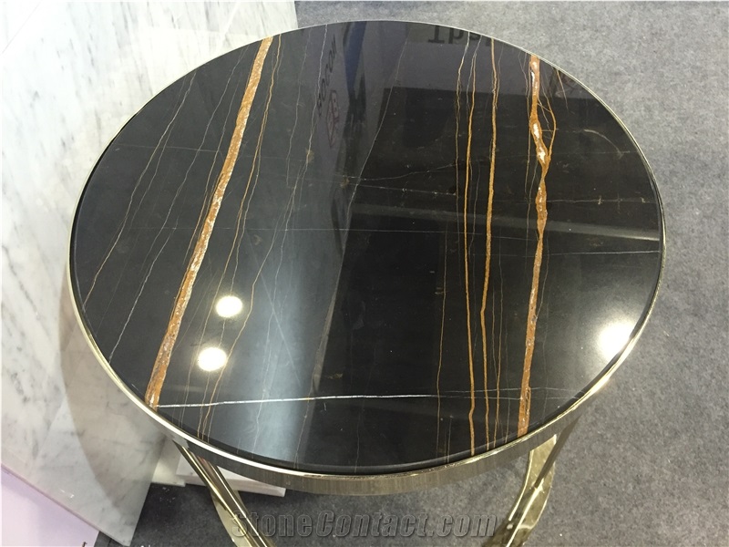 Polished Natural Sahara Noir Round Marble Tabletop, Noir Aziza/Golden Black/Noir Serpents Table Top for Hotel Buildings,Restaurant,Coffee Shops