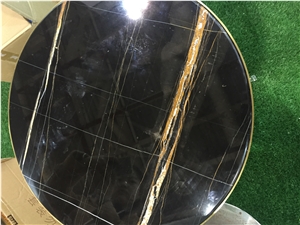 Polished Natural Sahara Noir Round Marble Tabletop, Noir Aziza/Golden Black/Noir Serpents Table Top for Hotel Buildings,Restaurant,Coffee Shops