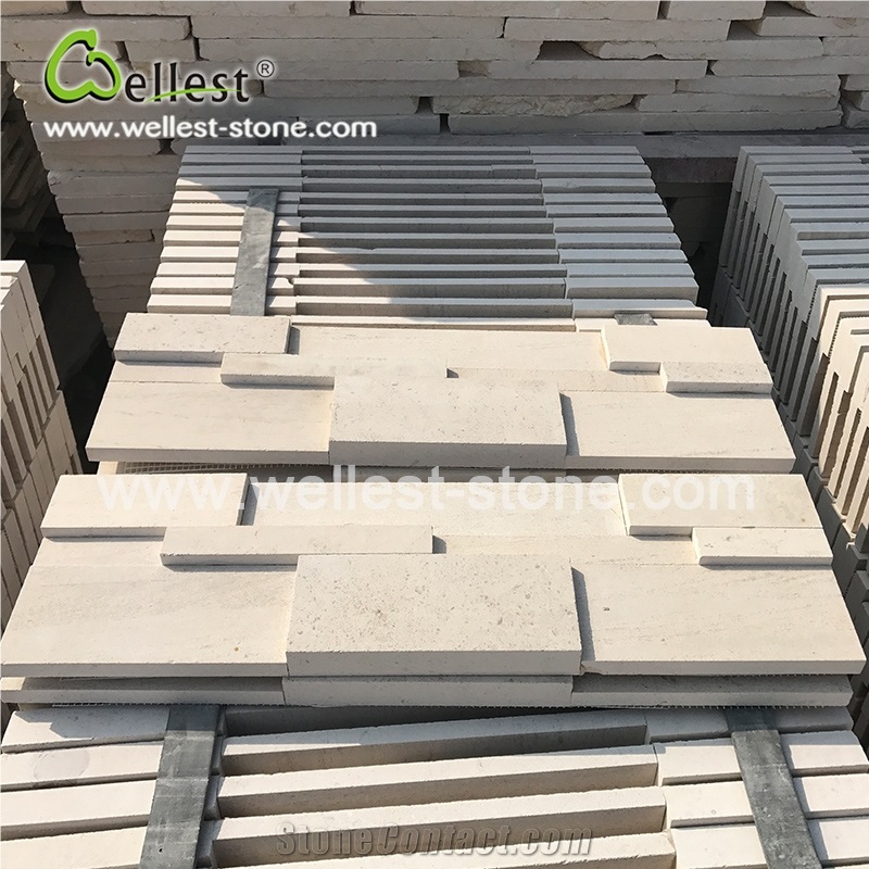3d Honed Moca Cream Beige Limestone Culture Stacked Stone Pannel for Garden Feature Wall Veneer Cladding Decor Pool Waterfall Fireplace Breast