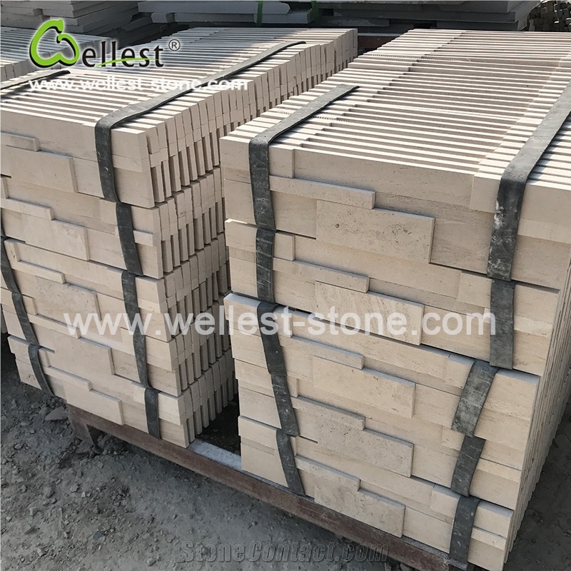 3d Honed Moca Cream Beige Limestone Culture Stacked Stone Pannel for Garden Feature Wall Veneer Cladding Decor Pool Waterfall Fireplace Breast