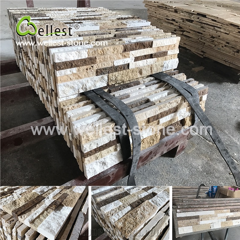 Beige Coffee Travertine Ledge Culture Stacked Stone Pannel for Interior Exterior Garden Feature Wall Vaneer Cladding Decor and Pool Waterfall