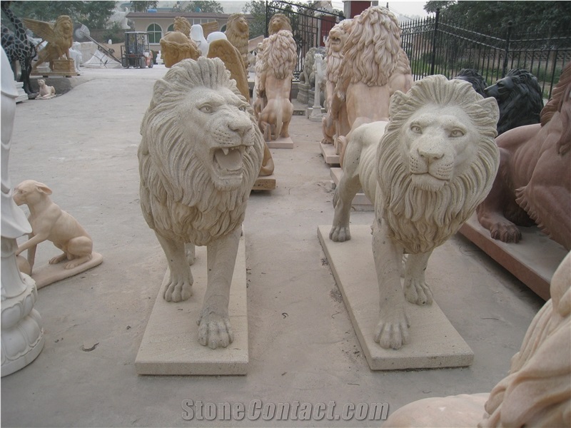 Beige Sandstone Hand Carved Lion Statue Sculpture