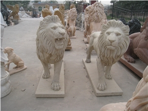 Beige Sandstone Hand Carved Lion Statue Sculpture