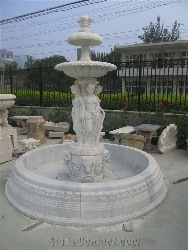 White Marble Sculptured Fountain with Pool