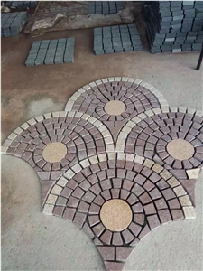 Red Porphyry Fan-Shape Granite Paving Stone with Net on the Back, Fan Shape Mesh Paving Stone Granite Driveway Paver Tile, China Red Porphyry