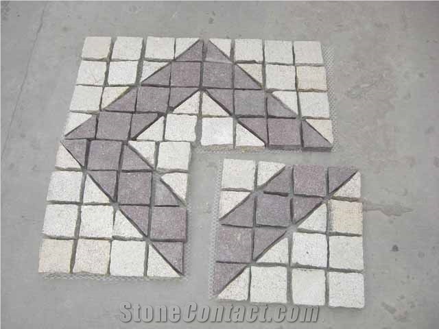 Red Porphyry+G603 Fan-Shape Granite Paving Stone with Net on the Back, Cobble Stone Mesh Garden Stepping Pavements, Mixed Granite Flooring Cube Stone