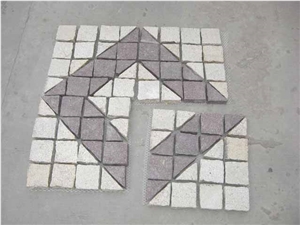 Red Porphyry+G603 Fan-Shape Granite Paving Stone with Net on the Back, Cobble Stone Mesh Garden Stepping Pavements, Mixed Granite Flooring Cube Stone