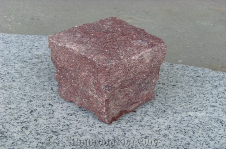 Natural Split Red Porphyry Paving Outside Stone Landscaping Cubes Stone, Sets, Cobble, Floor Covering, Exterior Pattern Decoration Walkway, Driveway