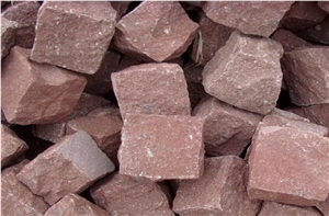 Natural Split Red Porphyry Paving Outside Stone Landscaping Cubes Stone, Sets, Cobble, Floor Covering, Exterior Pattern Decoration Walkway, Driveway