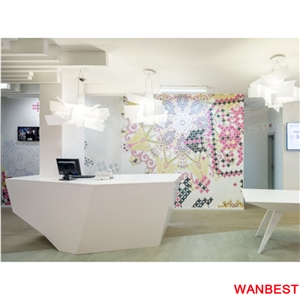 Cheap Acrylic Solid Surface L Shape Small Portable Hair Salon Office Hotel Clinic Hotel Lobby Fitness Center Gym Front Table Reception Desk Design