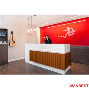 Cheap Artificial Marble Acrylic Wood Small Portable Office Hair Salon Spa Fitness Center Clinic Standing Reception Desk Restaurant Cashier Desk Design
