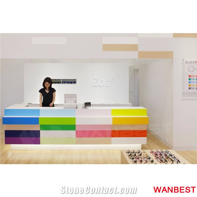 Custom Made Artificial Stone Acrylic Led Lighted Modular Office Furniture Gym Salon Hotel Lobby Hall Standing Reception Desk for Retail Store