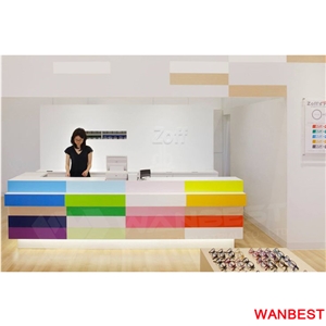 Custom Made Artificial Stone Acrylic Led Lighted Modular Office Furniture Gym Salon Hotel Lobby Hall Standing Reception Desk for Retail Store
