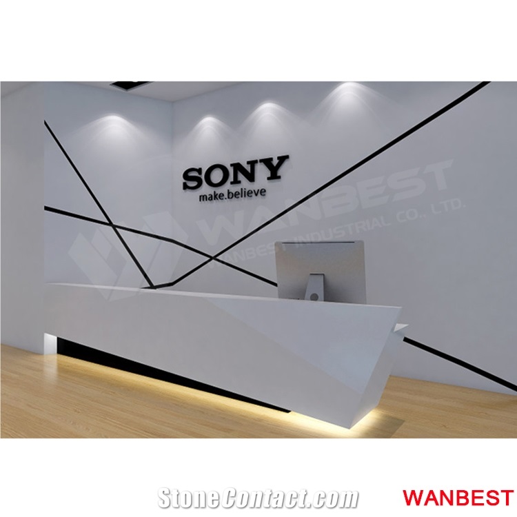 Custom Made Artificial Stone Acrylic Led Lighted Modular Office Furniture Gym Salon Hotel Lobby Hall Standing Reception Desk for Retail Store