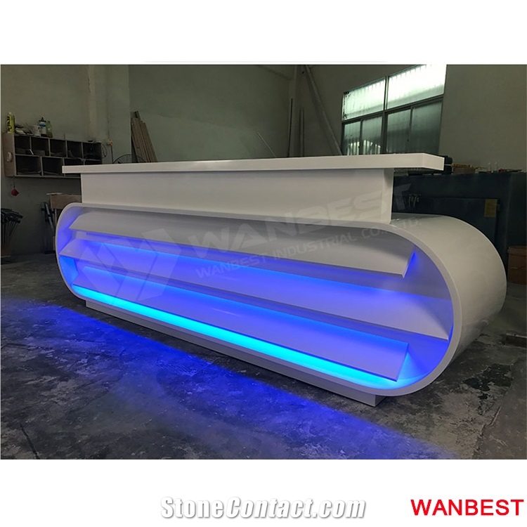 Custom Made Artificial Stone Acrylic Led Lighted Modular Office Furniture Gym Salon Hotel Lobby Hall Standing Reception Desk for Retail Store