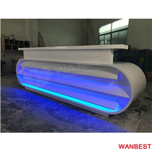 Custom Made Artificial Stone Acrylic Led Lighted Modular Office Furniture Gym Salon Hotel Lobby Hall Standing Reception Desk for Retail Store