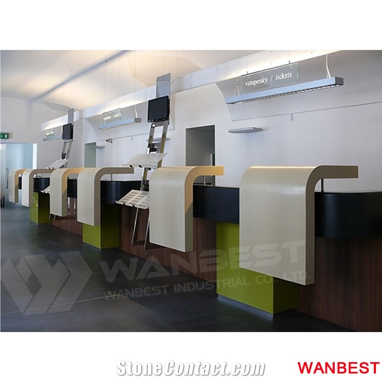 Customized Artificial Marble Acrylic Top Wood Train Station Airport Departure Area Check in Ticket Reception Counter Front Table for Retail Store