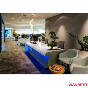 High Glossy White Acrylic Solid Surface Illuminated Led Office Company Lobby Hotel Front Table Spa Hall Fitness Center Reception Desk Beauty Salon