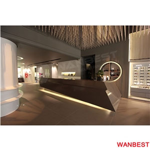 Luxury Acrylic Artificial Stone Led Lighted Long Office Furniture Hotel Shopping Center Nail Salon Restaurant Standing Reception Counter Cashier Desk