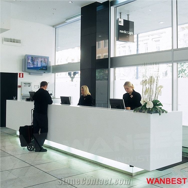Luxury Artificial Stone Solid Surface Long Office Hotel Clinic Company Lobby Fitness Center Standing Reception Desk Front Table for Beauty Salon