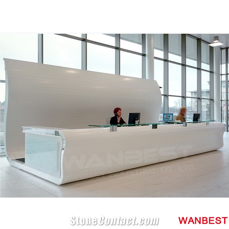 Luxury White Solid Surface Acrylic Curved Hotel Lobby Shopping Mall Company Hall Hospital Salon Reception Desk Information Counter with Back Wall
