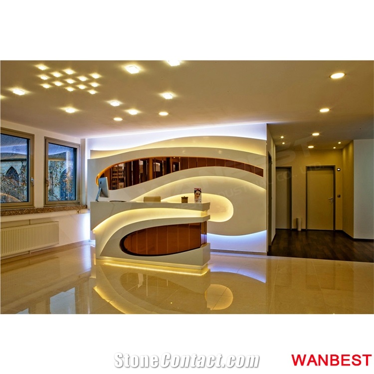 Luxury White Solid Surface Acrylic Curved Hotel Lobby Shopping Mall Company Hall Hospital Salon Reception Desk Information Counter with Back Wall