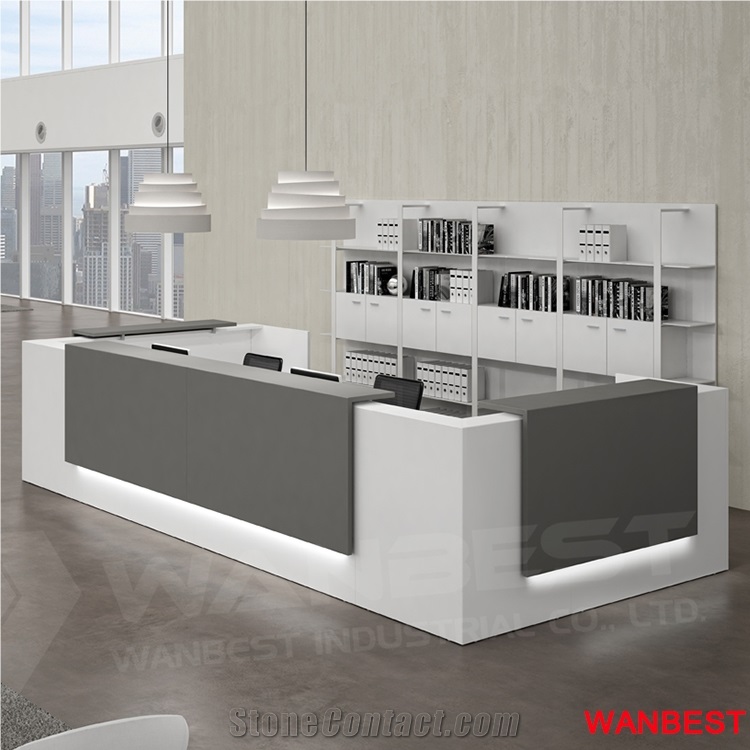Modern Artificial Stone Acrylic Led U Shape Office Company Salon Clinic Library Hotel Lobby 2 Person Reception Area Counter Desk Design with Light