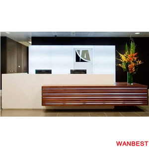 Unique Design Solid Surface Artificial Stone Wooden 2 Person Led Spa Hotel Mall Office Beauty Salon Lobby Hospital Front Table Reception Area Desk