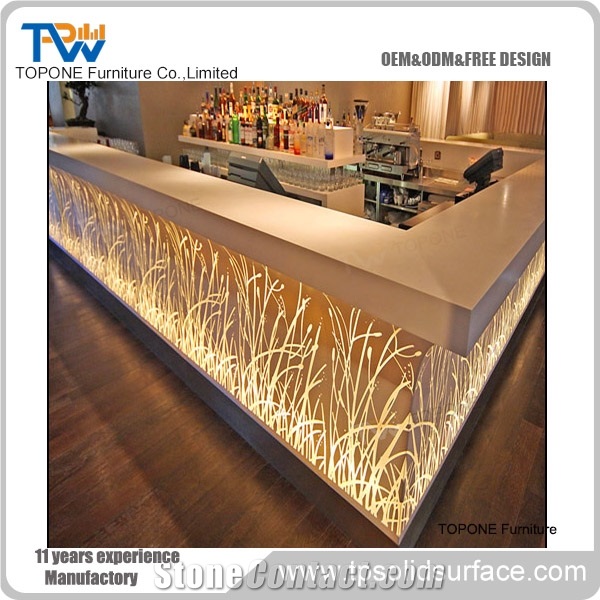 Artificial Marble Stone Juice Bar Counter China, Interior Stone Acrylic Solid Surface Factory Price Led Restaurant Bar Counter Tops Stone Furniture