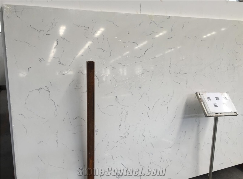 China Marble Vein White Quartz, Big Slabs, Cut Size Polished Slab for Flat Edge, Eased Edge, Beveled Edge for Bar Tops, Custom Worktops, Island Top